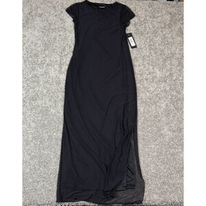 Bebe Womens XS Black Silk Long Dress Sheer Shoulder, Made in USA NWT